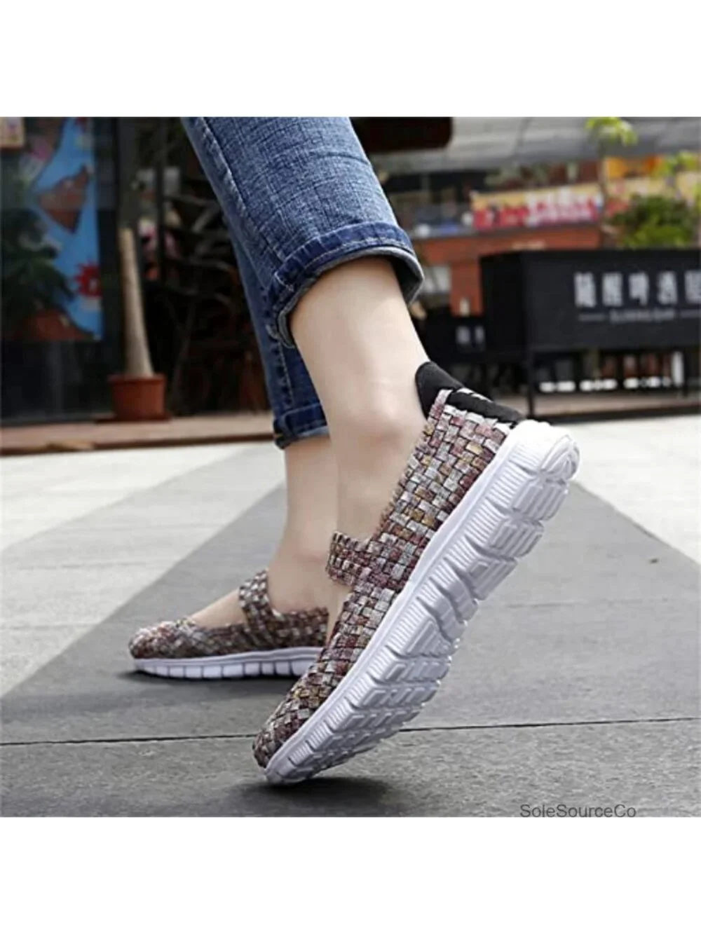 Mary Jane Sneaker Flats Woven Elastic Wedge Walking Shoes